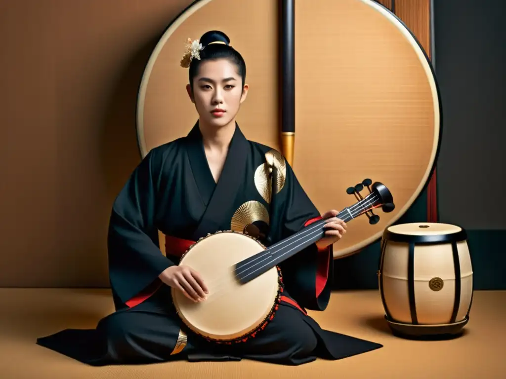 Un músico moderno viste un kimono negro y toca instrumentos tradicionales japoneses, creando música inspirada en la cultura samurái