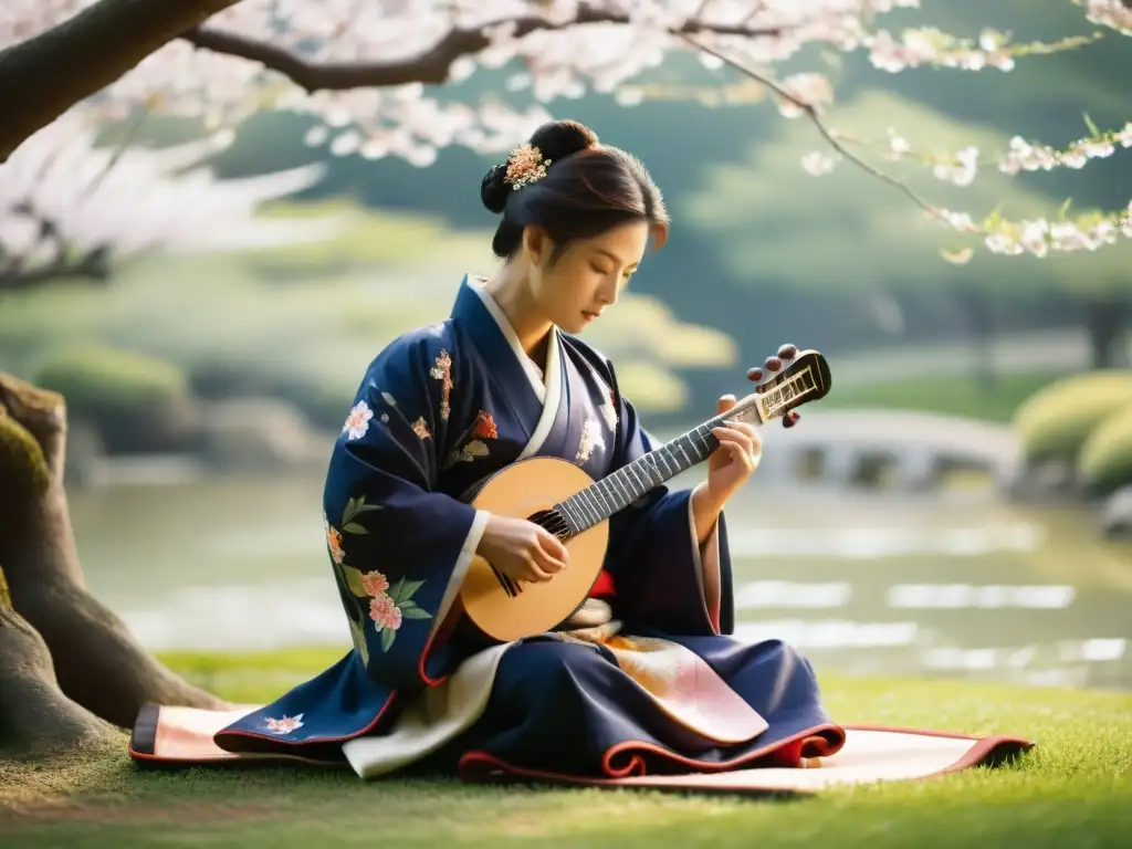 Un músico samurái toca el shamisen en un jardín tranquilo entre flores de cerezo