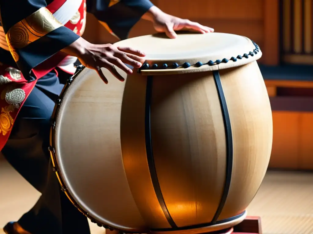 Un músico vestido como un samurái toca un tambor taiko en un escenario dramático con un jardín japonés de fondo