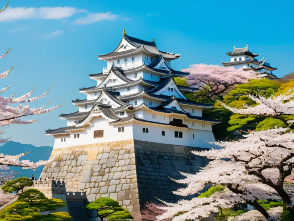 Nacimiento del shogunato: el majestuoso Castillo Himeji emerge entre cerezos en flor, evocando la identidad japonesa ancestral