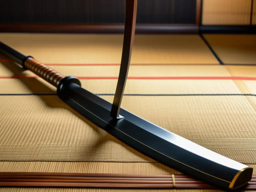 Una naginata tradicional descansa sobre un tatami tejido, evocando la disciplina samurái moderna de Naginatajutsu