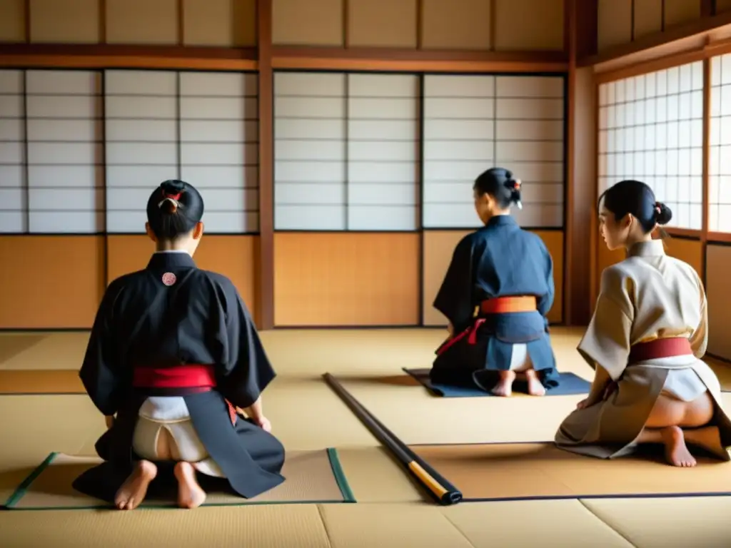 Práctica de Naginatajutsu en un dojo tradicional japonés, preservación de la tradición con elegancia y respeto