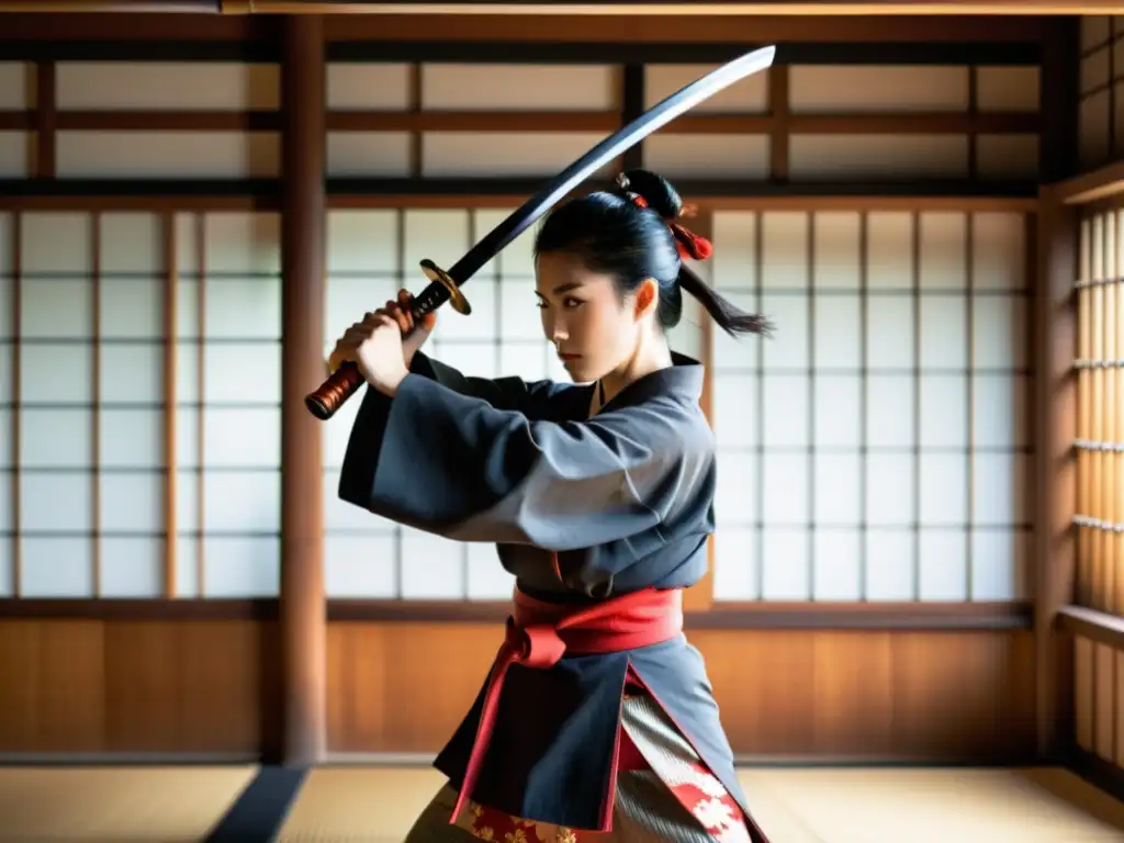 Nakano Takeko, valiente onnabugeisha, se prepara para la guerra Boshin con fuerza y gracia en un dojo japonés tradicional