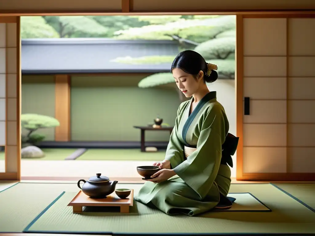 Narraciones épicas samurái literarias: Ceremonia del té japonés en una sala tatami serena con puertas shoji y jardín