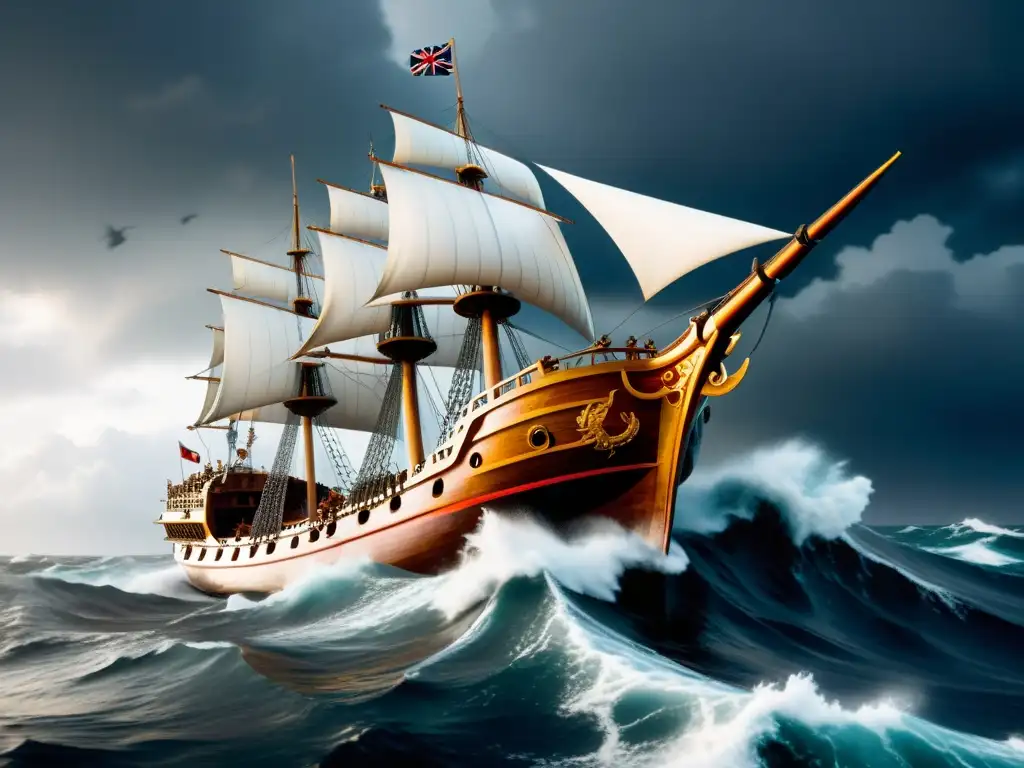 Barco naval Wokou en tormenta: tecnología avanzada Un navío naval Wokou Samurai avanza a través de las turbulentas olas, con intrincadas decoraciones, mientras la tripulación enfrenta el mar tormentoso