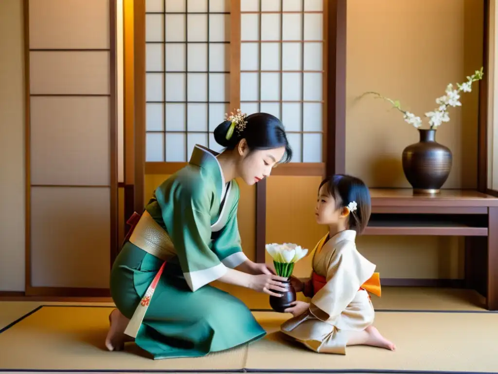 Una niña en kimono observa a su madre practicar ikebana, reflejando la crianza de niñas en la sociedad samurái