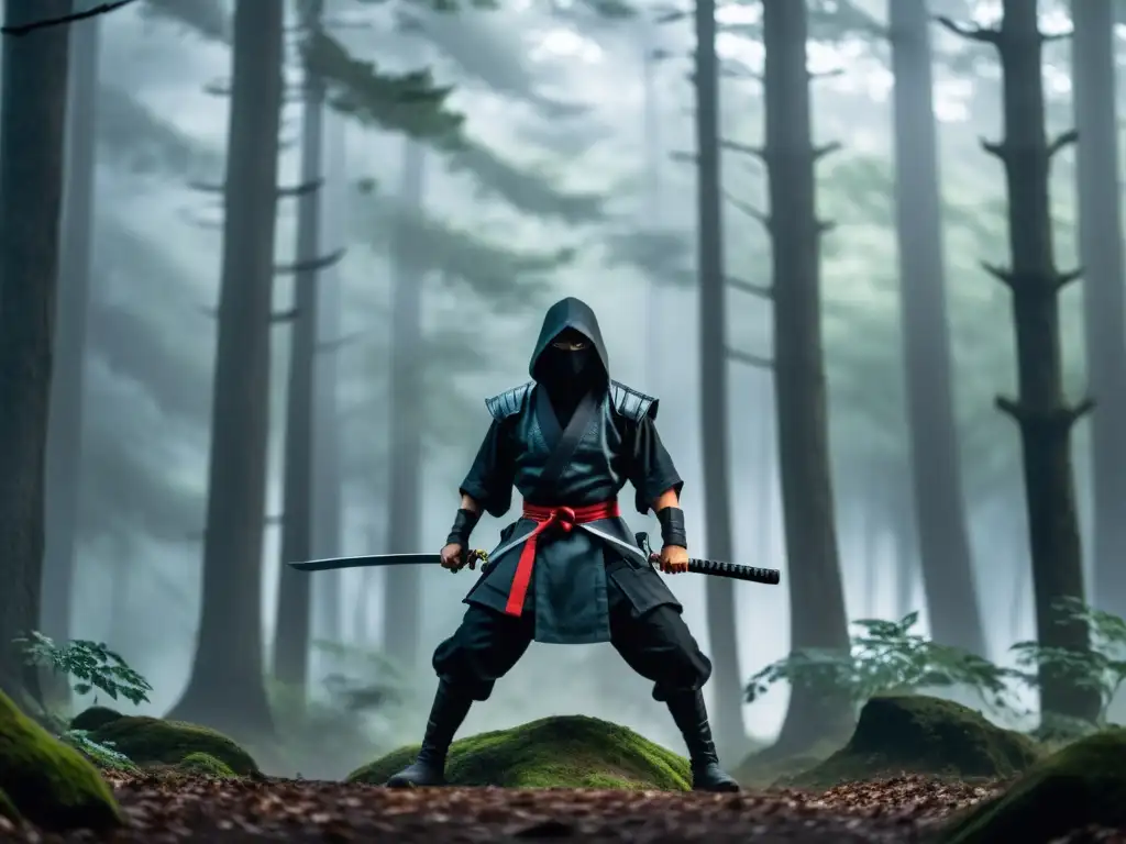 Un ninja en la cultura samurái se oculta en un bosque oscuro y neblinoso, listo para el combate con katana y shuriken