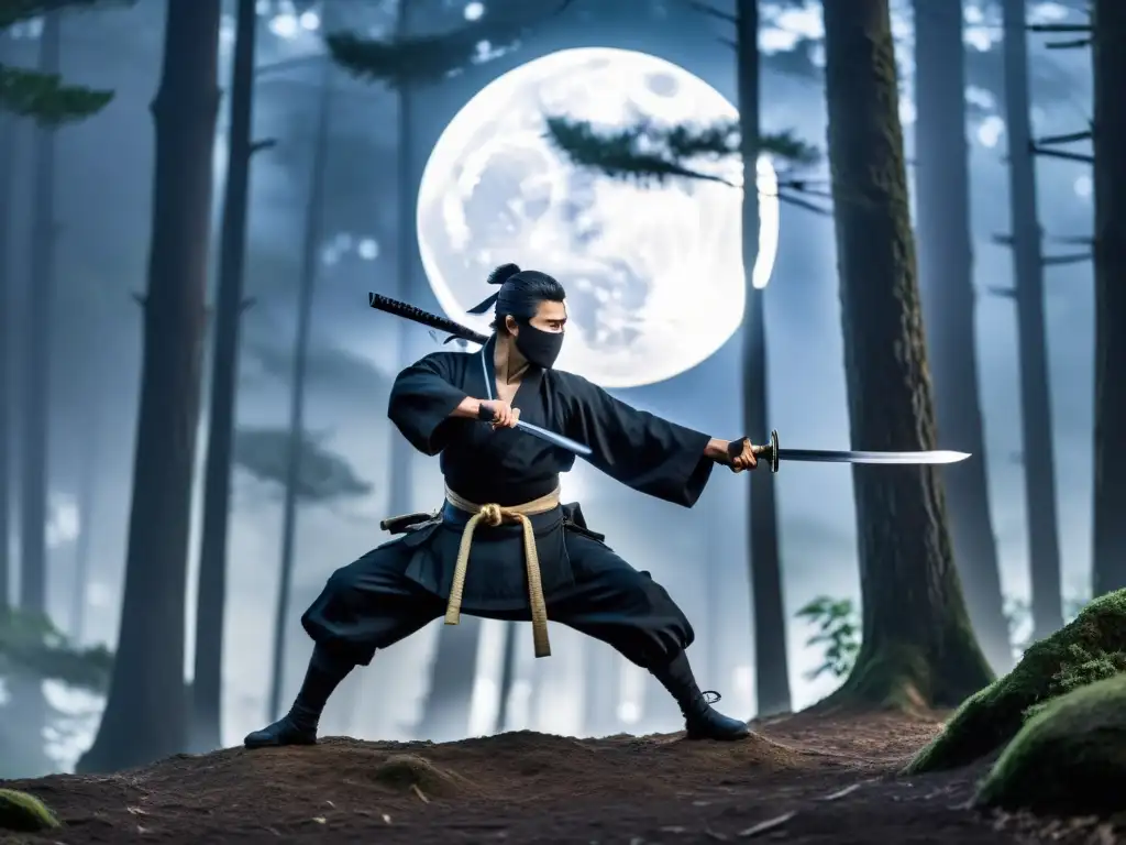 Un ninja japonés legendario, Hattori Hanzo, realiza movimientos sigilosos en la noche del bosque, evocando misterio y destreza ninja