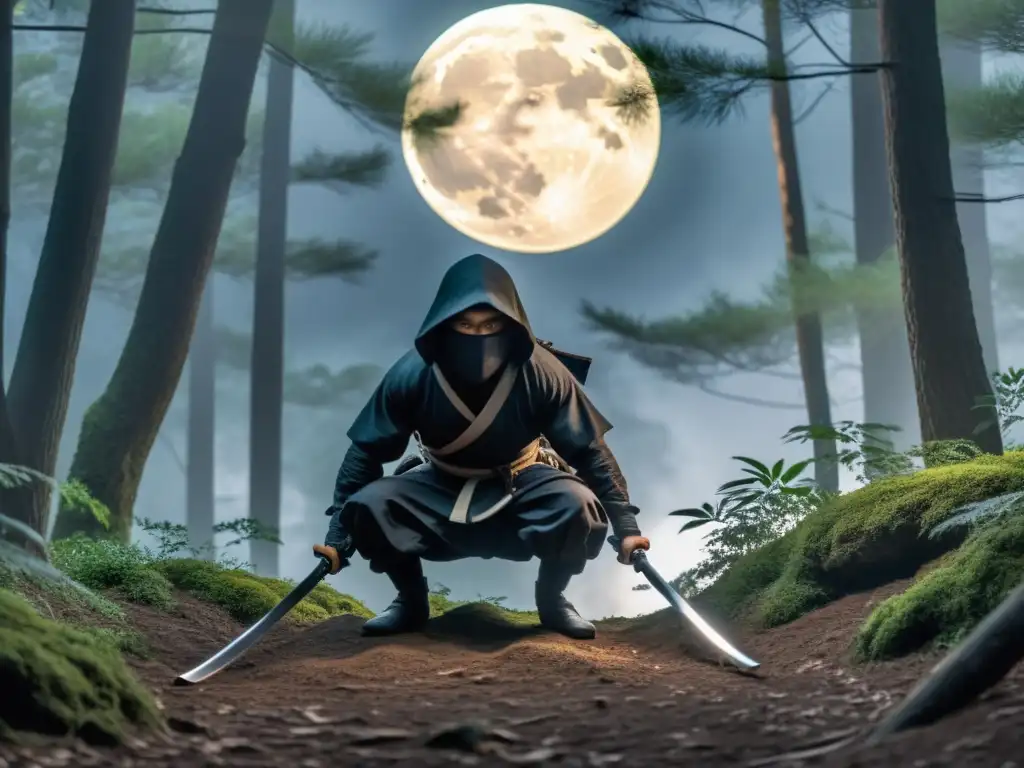 Un ninja japonés se infiltra sigilosamente bajo la luz de la luna en una misión nocturna en el bosque