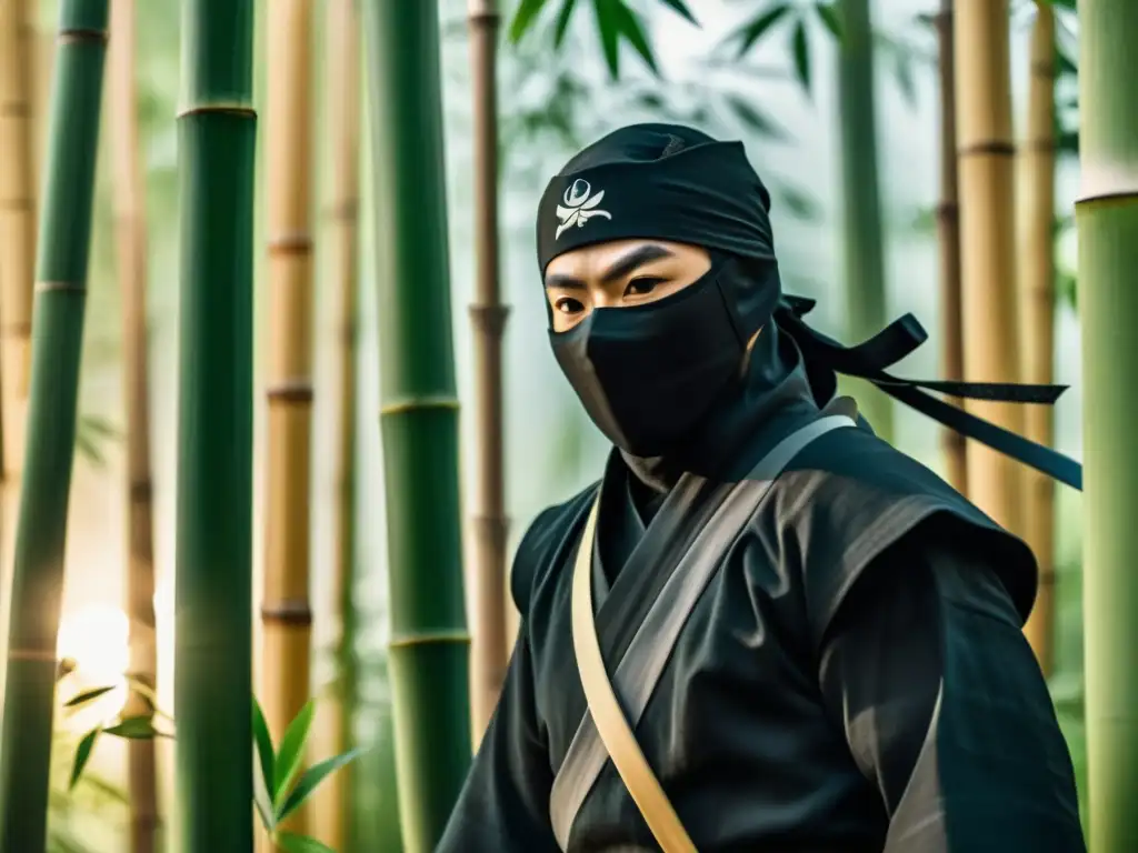 Un ninja hábil y misterioso se desliza entre un denso bosque de bambú por la noche, creando una atmósfera intrigante y cautivadora