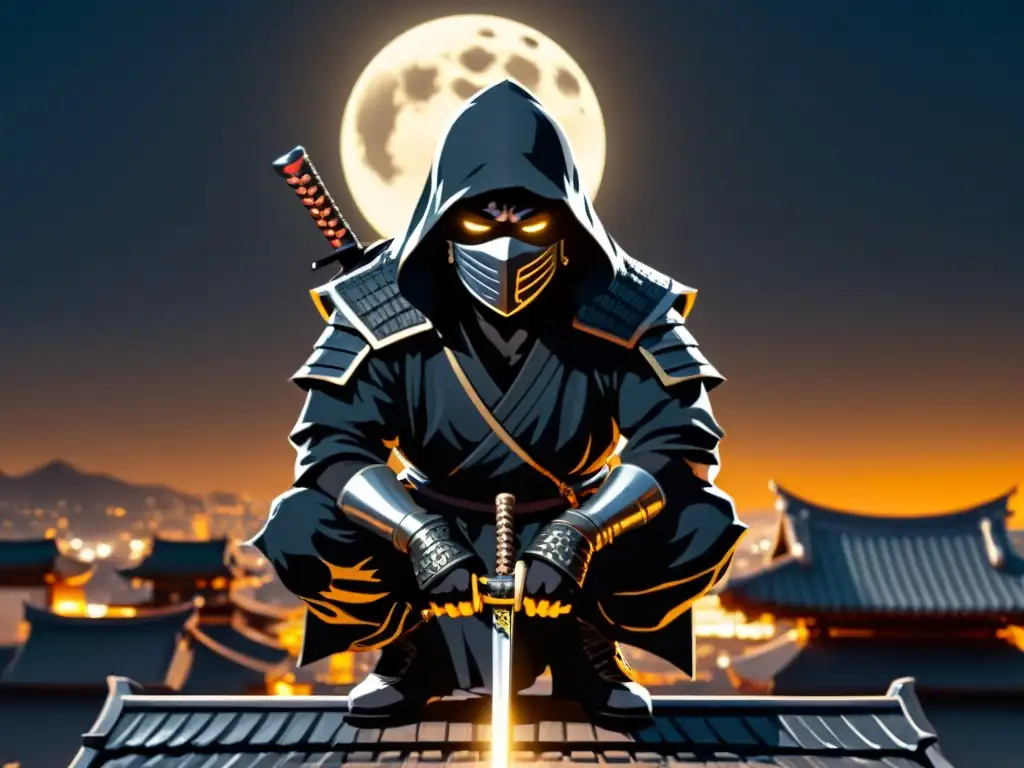 Un ninja sigiloso observa a los samuráis en la noche, empuñando una katana brillante