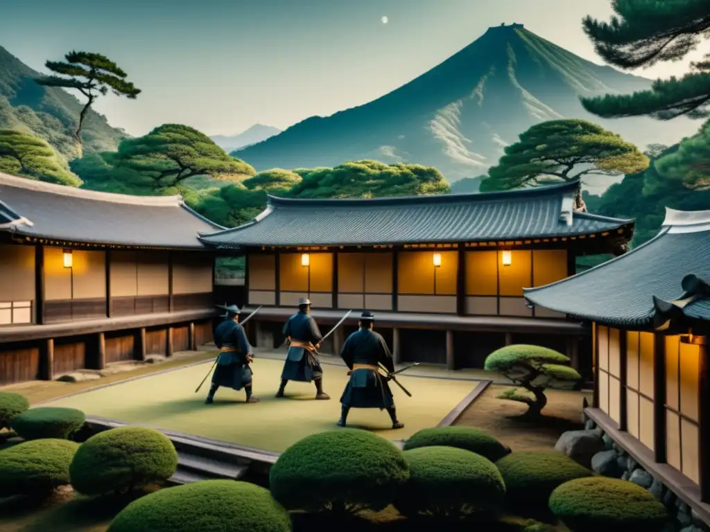 Ninjas entrenando en un paisaje nocturno en el Japón feudal, destacando la disciplina y agilidad