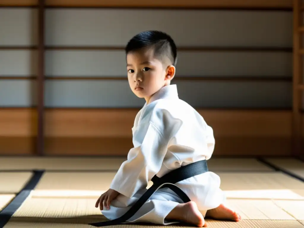 Un niño practica artes marciales en un dojo tradicional, mostrando disciplina y determinación al ejecutar movimientos precisos