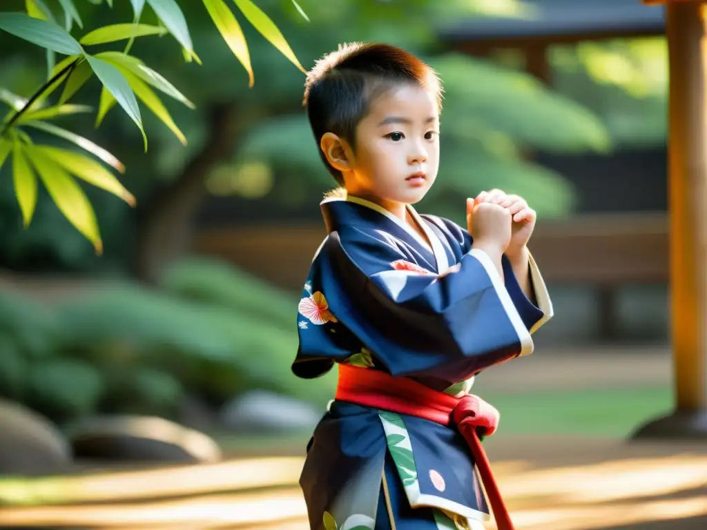 Un niño practica artes marciales en un jardín de bambú, encarnando los valores del código samurái para niños con gracia y determinación