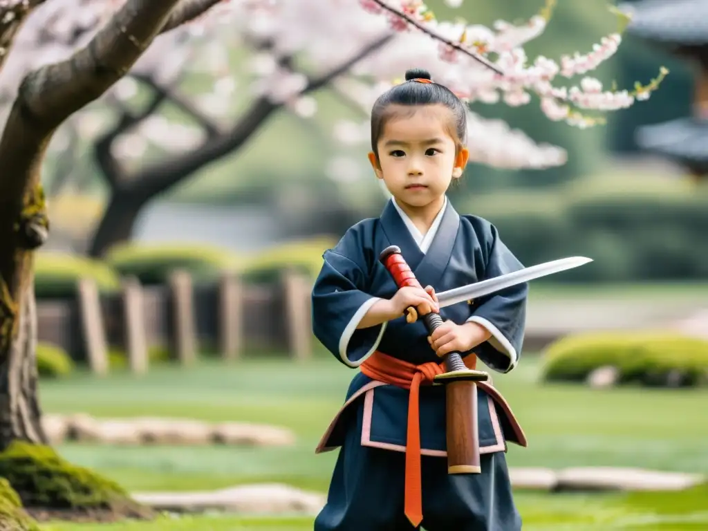 Un niño en vestimenta de samurái entrena con un maestro en un jardín de cerezos en flor