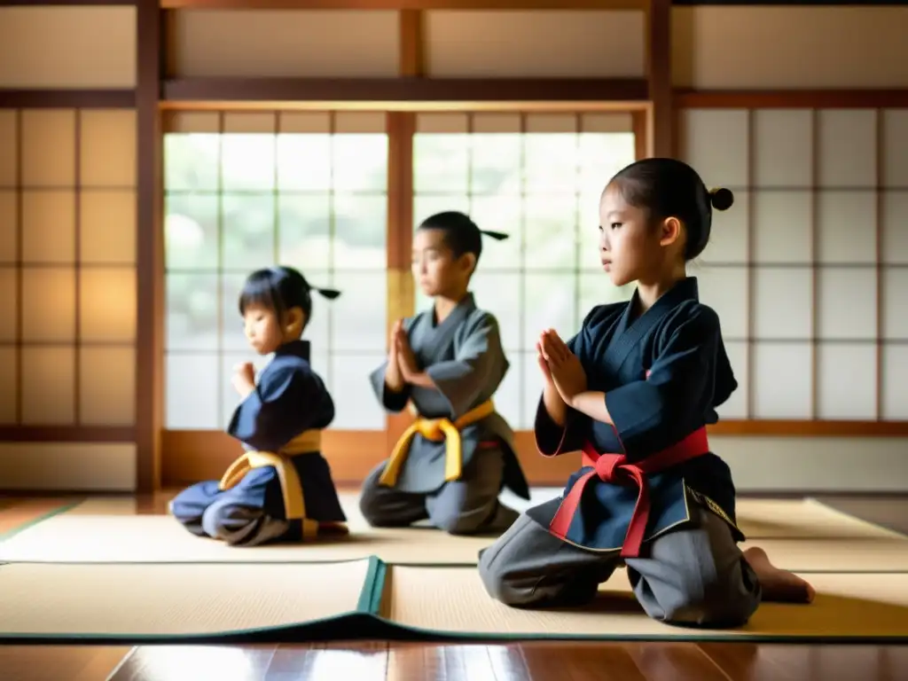 Niños samurái practican artes marciales con disciplina en un dojo tradicional iluminado por el sol