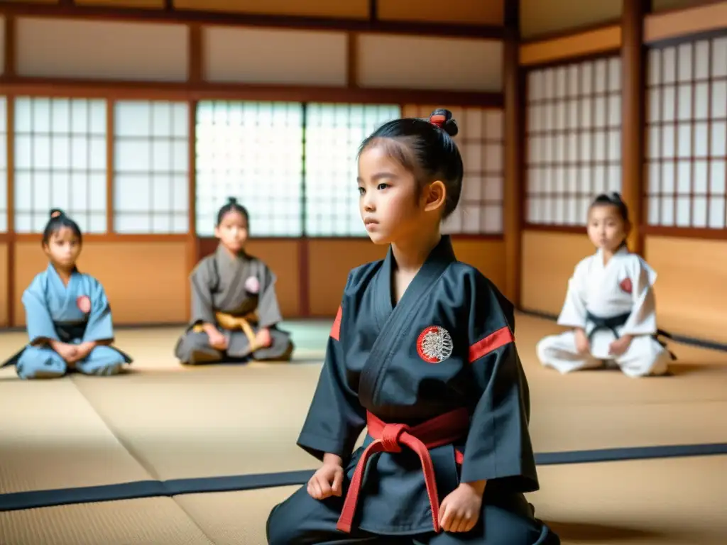 Niños samurái practicando artes marciales en un dojo sereno, mostrando disciplina y concentración