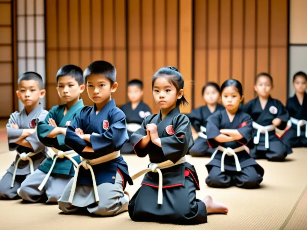 Niños samurái en formación, practicando artes marciales con gracia y disciplina en un dojo japonés sereno