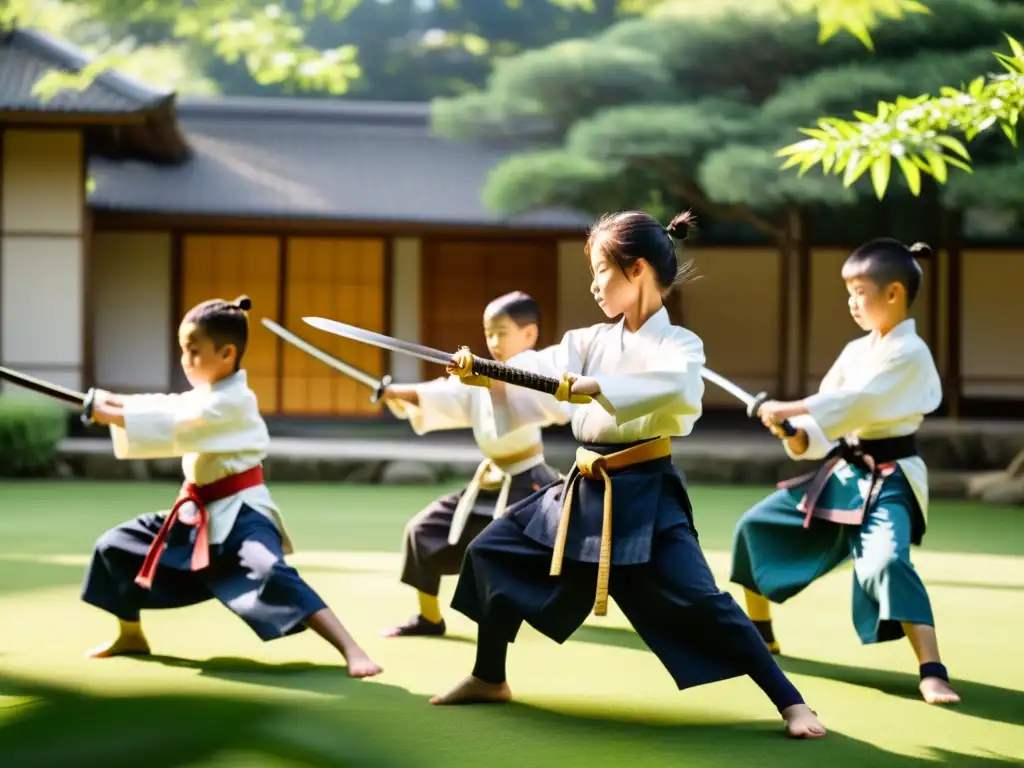 Niños samurái en entrenamiento practicando artes marciales en un jardín de bambú, bajo la guía de un sabio sensei