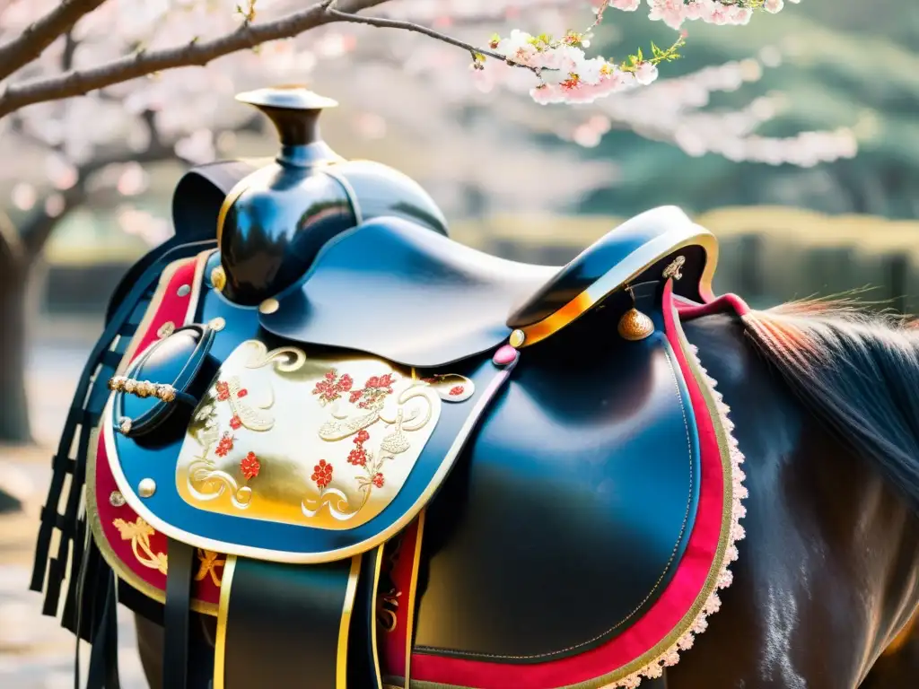 Un noble caballo negro lleva una silla samurái adornada con diseños rojos y dorados, bajo la luz cálida de los cerezos en flor