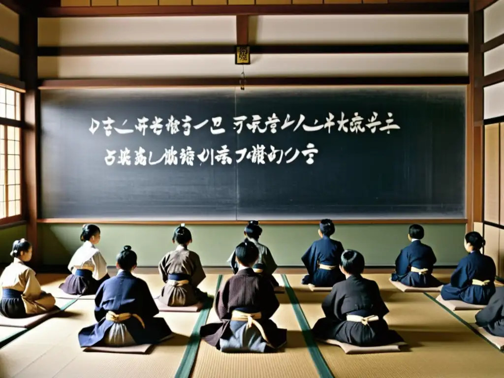 Una nostálgica escena de una sala de clases japonesa tradicional en la era Meiji, con estudiantes en tatamis y un profesor escribiendo en la pizarra