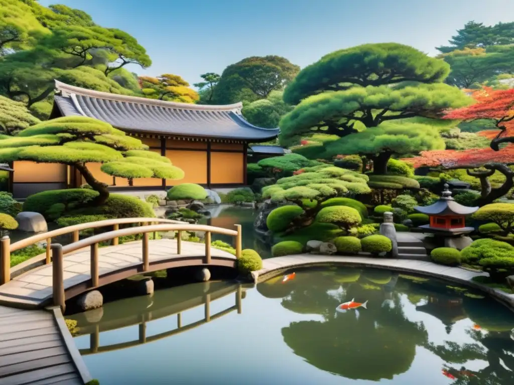 Un oasis de paz en un jardín japonés con bonsáis, estanque de koi y puente de madera, envuelto en una luz etérea