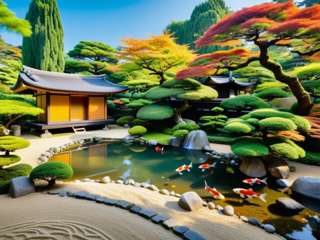 Un oasis de serenidad y belleza en un jardín japonés tradicional, con influencia samurái en jardines japoneses