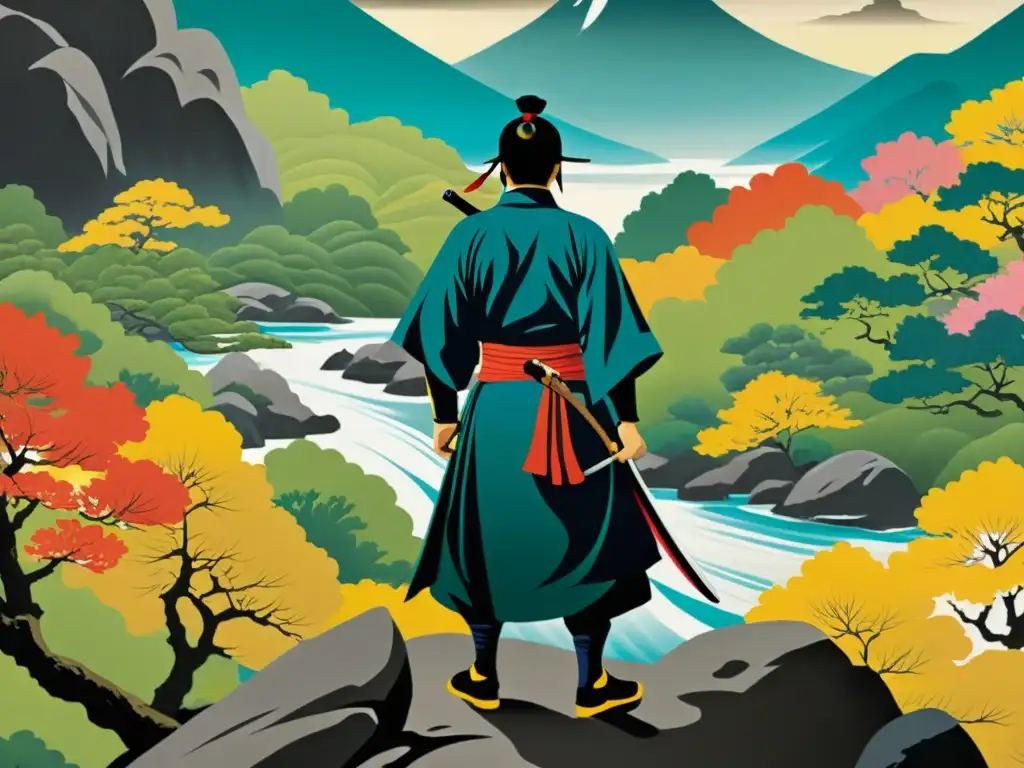 Obra de arte samurái contemporáneo: un guerrero solitario contempla un paisaje japonés desde un acantilado, exudando honor y fuerza