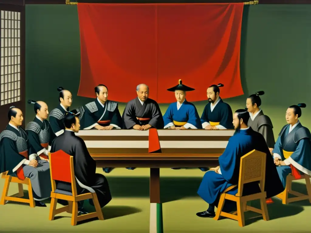 Diplomacia Jesuita y Samuráis: Encuentro Cultural Obra detallada: diplomáticos jesuitas se reúnen con samuráis, destacando la interacción cultural entre Tácticas Jesuitas en la cultura samurái