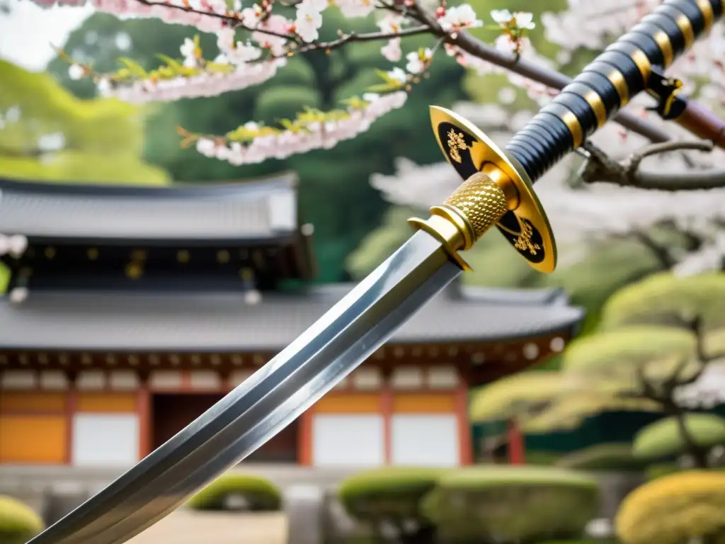 Una obra maestra de la artesanía japonesa, una naginata bellamente detallada en un jardín sereno con árboles de cerezo en flor