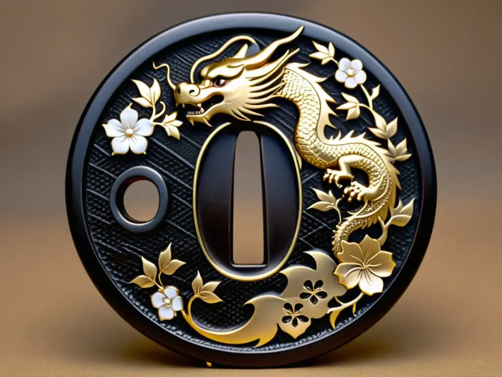 Detalles dorados y plateados en tsuba de acero pulido Una obra maestra de la cultura samurái: el significado del tsuba, con motivos tradicionales japoneses en acero pulido y detalles en oro y plata