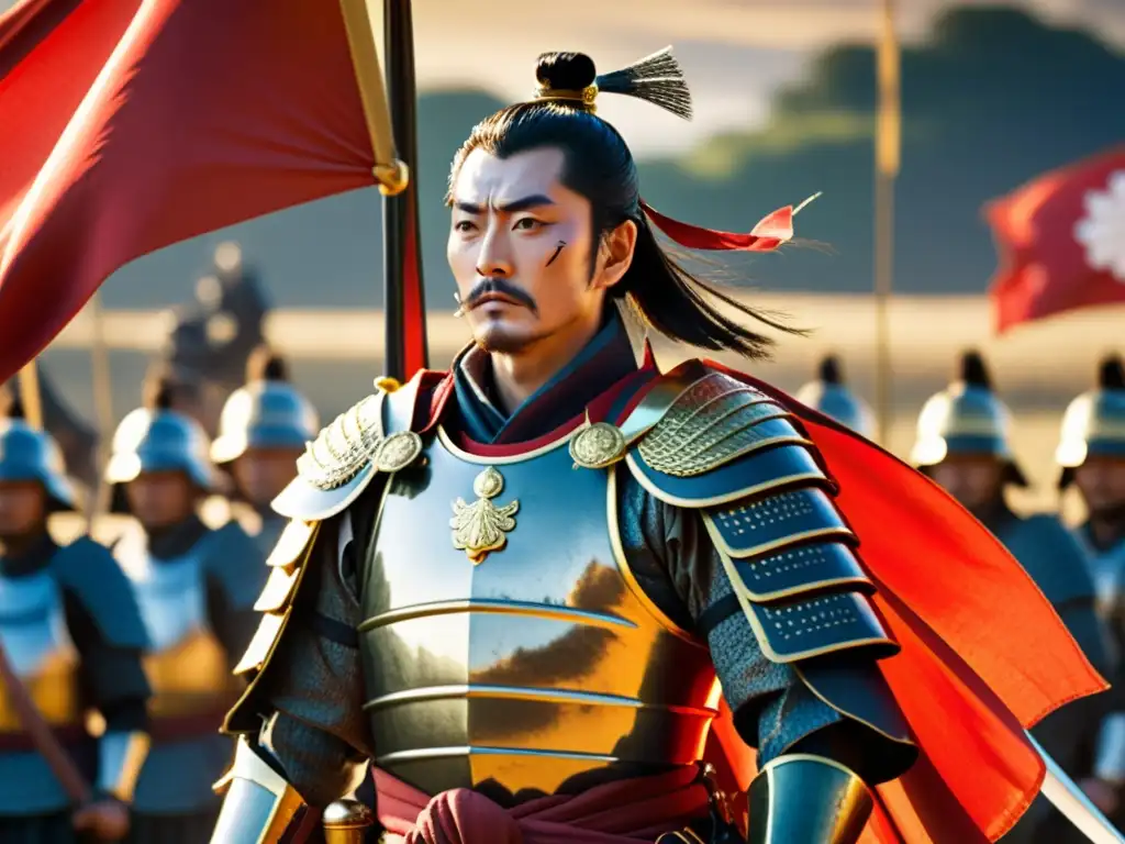 Oda Nobunaga: Poder y Determinación en el Campo de Batalla Oda Nobunaga en armadura samurái, erguido en el campo de batalla con su katana, rodeado de leales guerreros samurái y un paisaje histórico evocador