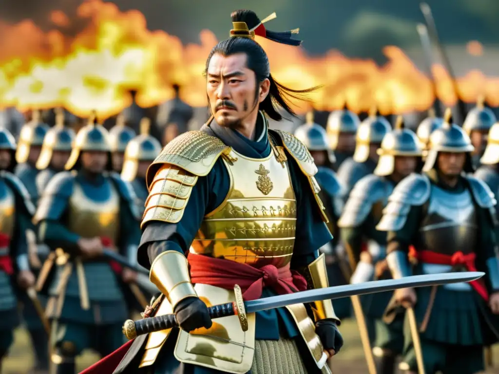 Oda Nobunaga en el campo de batalla, rodeado de su ejército samurái, reflejando su espíritu revolucionario y destreza estratégica en la guerra samurái