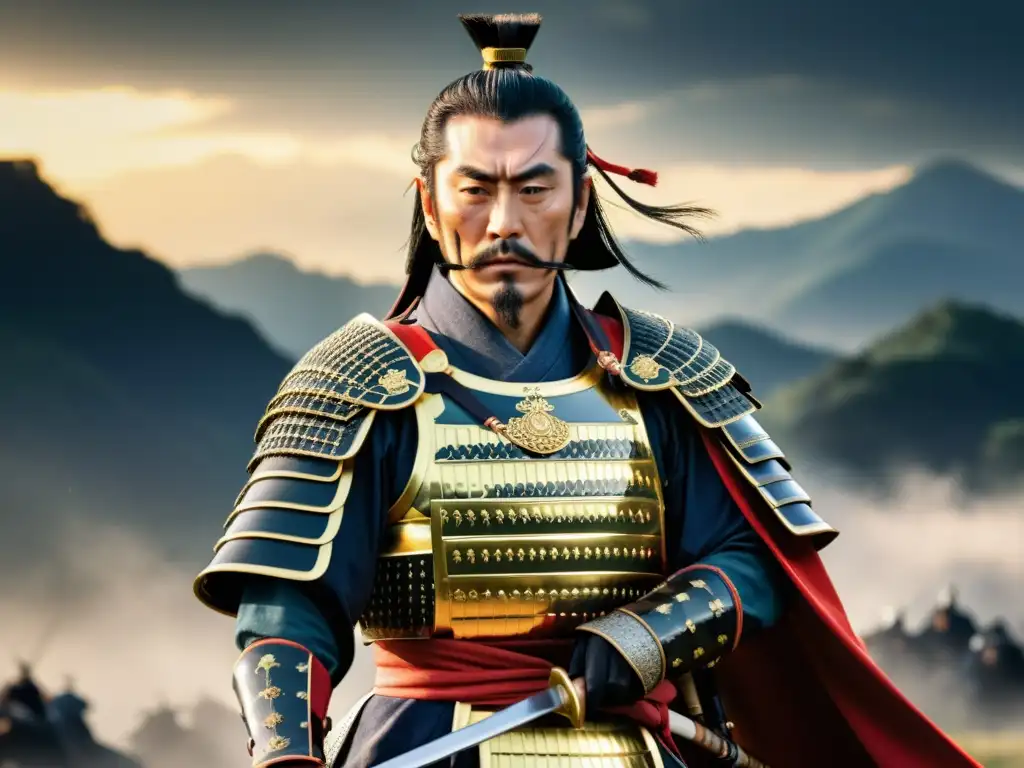 Oda Nobunaga, el gran samurái, con armadura tradicional, sosteniendo una katana en un campo de batalla neblinoso