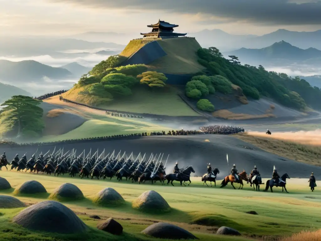 Oda Nobunaga lidera la revolución en la guerra samurai, en un paisaje de batalla cubierto de niebla y desolación