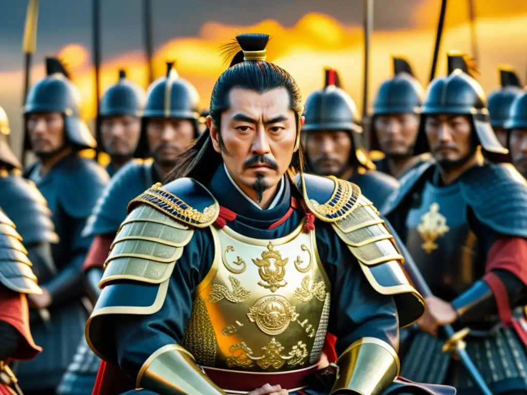 Oda Nobunaga, el poderoso señor de la guerra japonés, rodeado de sus leales guerreros en un campo de batalla cubierto de niebla