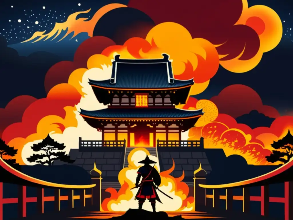 La caída de Honnōji: El trágico final de Oda Nobunaga Oda Nobunaga historia samurái: El templo Honnōji arde en llamas, con el señor de la guerra en silueta ante el fuego intenso y la noche iluminada