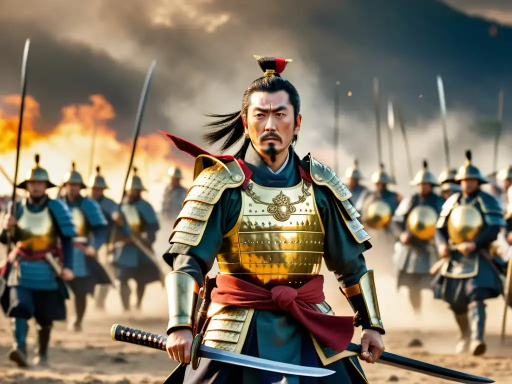 Oda Nobunaga: Líder Samurai en Batalla Oda Nobunaga lidera a sus tropas en la batalla, mostrando su espíritu indomable y su papel crucial en la historia samurái