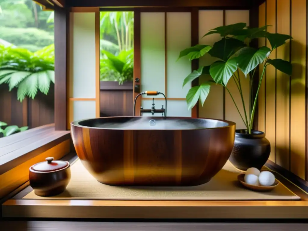 Un ofuro japonés de madera con intrincados detalles y vapor, rodeado de vegetación