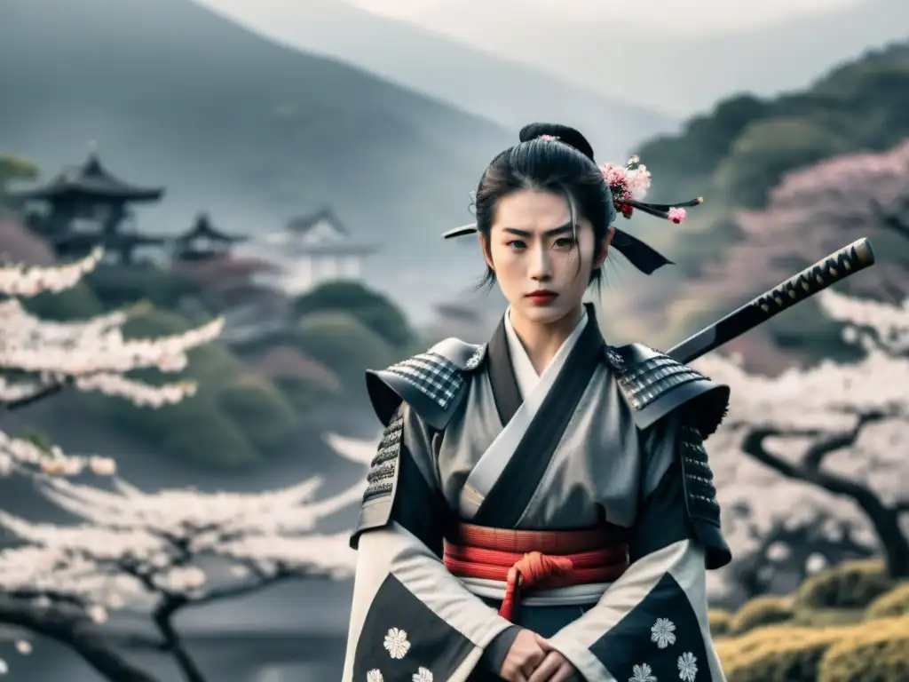 Una onnabugeisha en armadura samurái con katana, serena y determinada en paisaje japonés