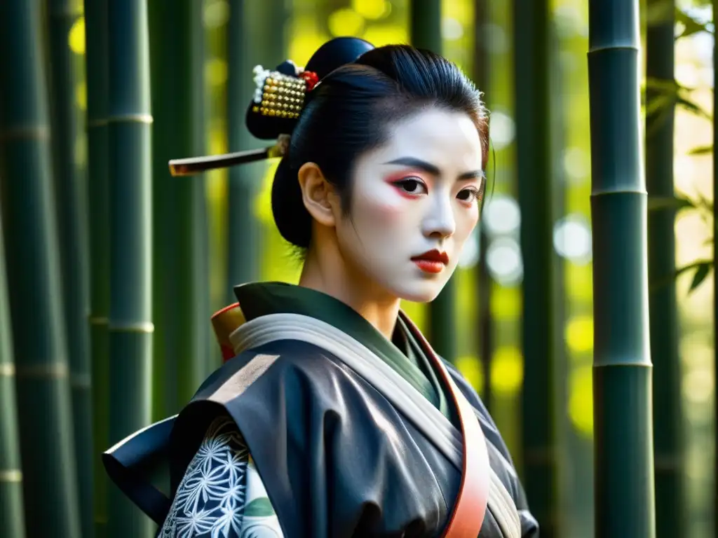 Una onnabugeisha japonesa en armadura tradicional y katana, en un bosque de bambú