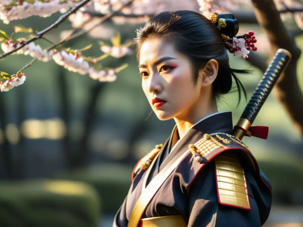 Una OnnaBugeisha, mujer samurái, con katana en mano, mirada decidida, armadura tradicional y cerezos en flor