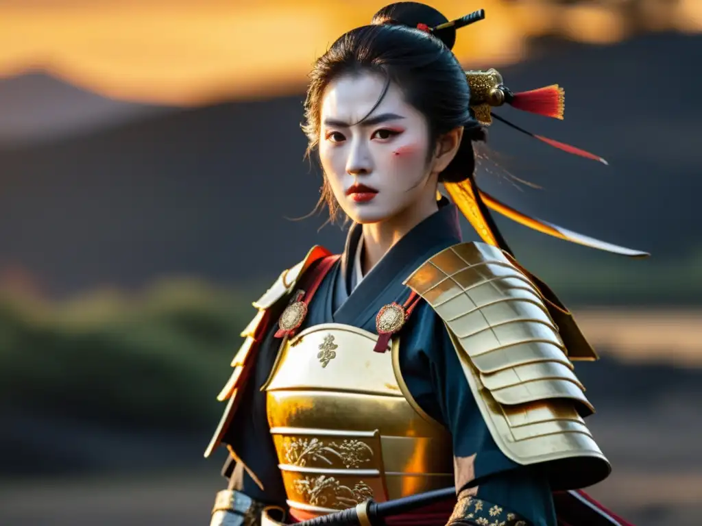 Una onnabugeisha samurái en armadura completa con naginata, en el campo de batalla al atardecer