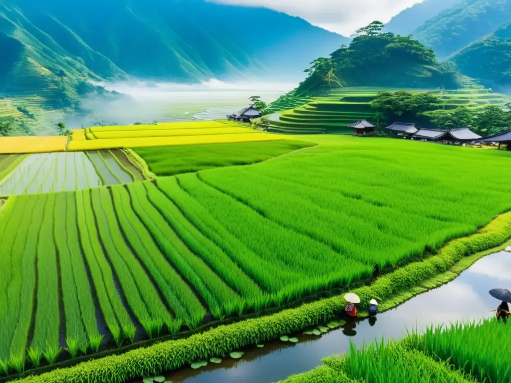 Un paisaje de arrozales exuberantes con montañas al fondo