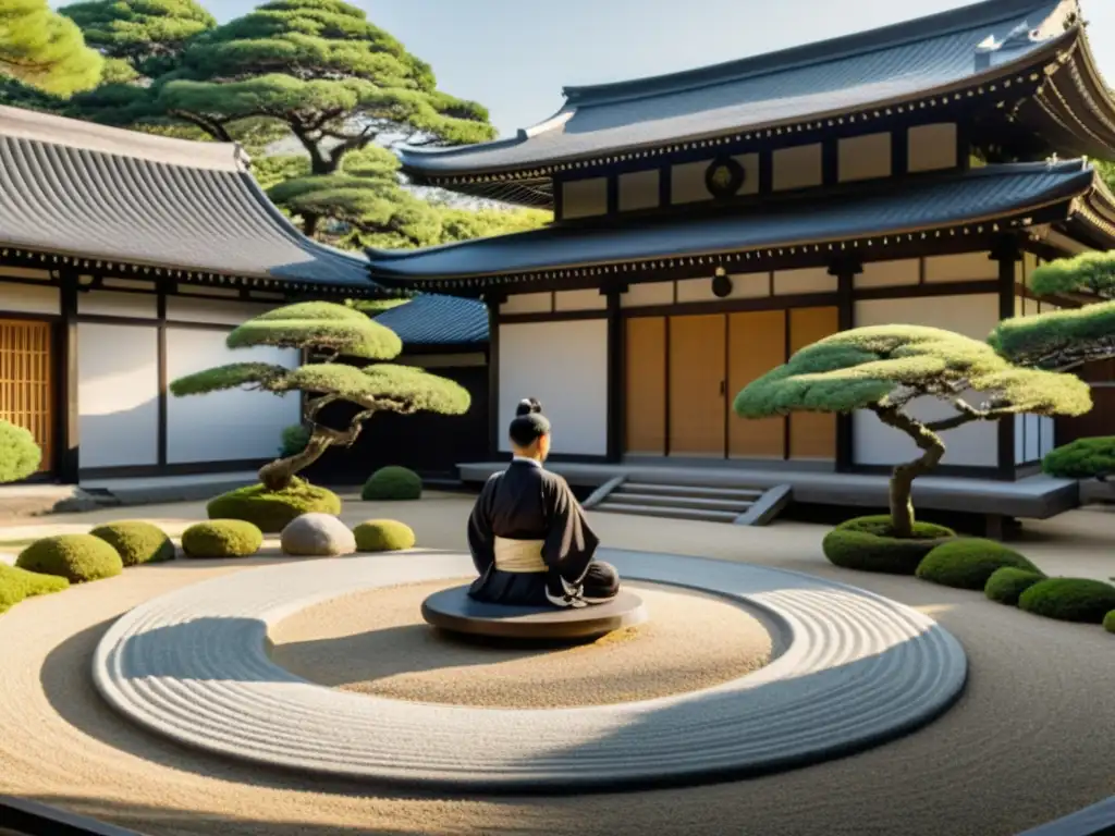 Un jardín Zen con paisaje meticulosamente cuidado y figura de samurái en meditación