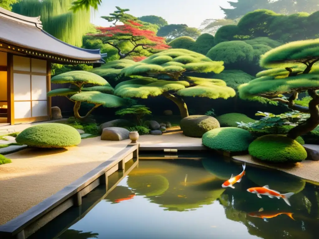 Paisaje japonés sereno con jardín de koi y dojo