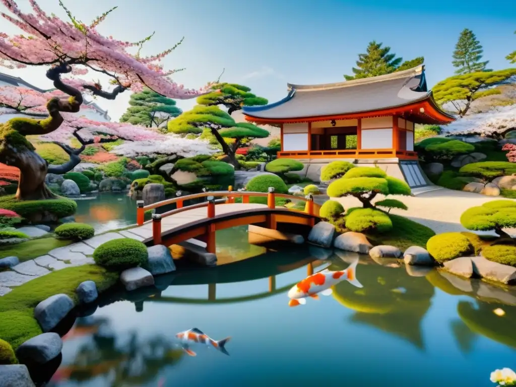 Un paisaje japonés tradicional con bonsáis, estanque de peces koi, puente arqueado y residencia samurái rodeada de cerezos en flor