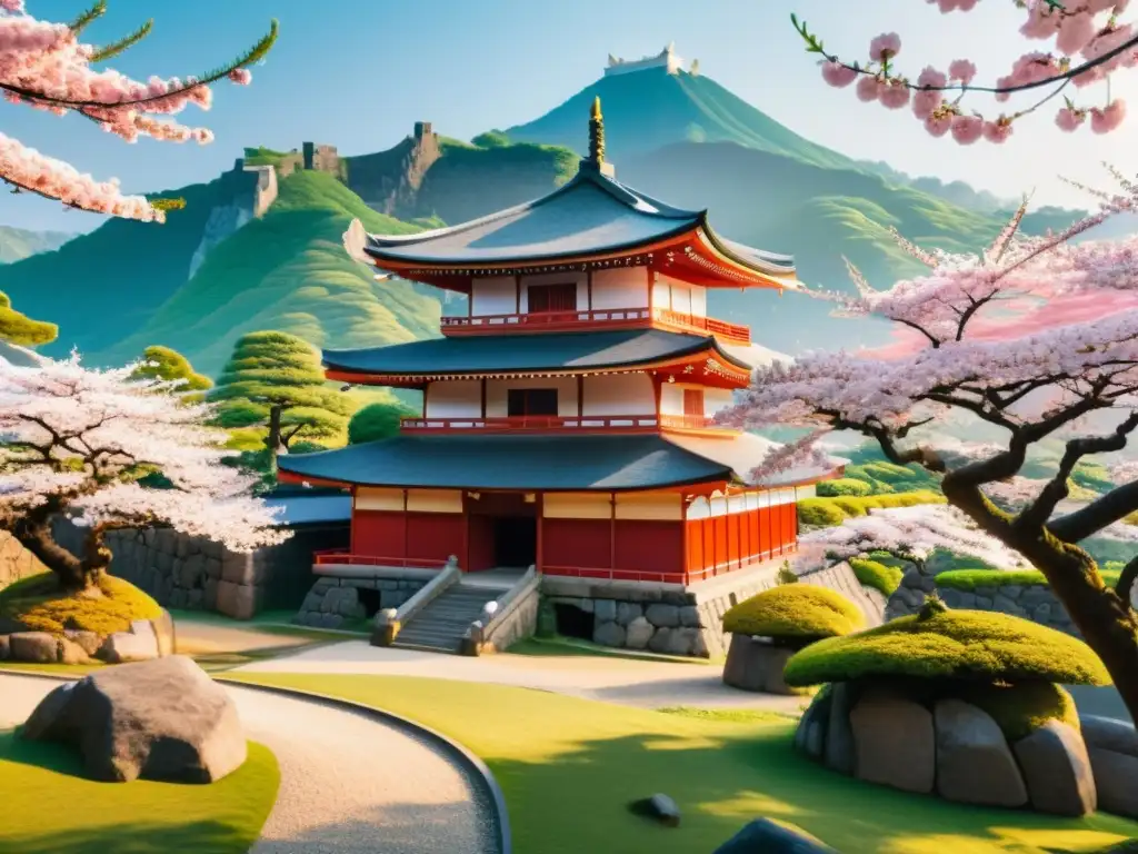 Un paisaje japonés tradicional con un jardín de cerezos y un castillo samurái