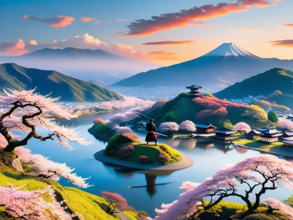 Un paisaje japonés tradicional con un samurái contemplando la expansión territorial en un atardecer pintoresco