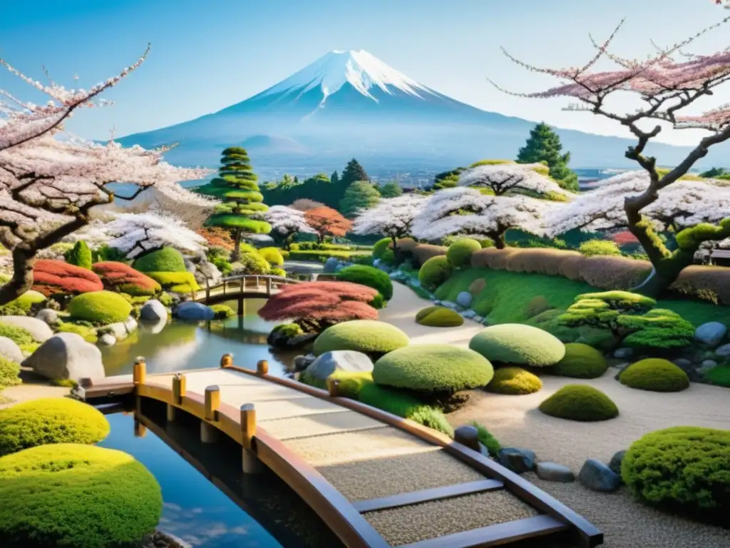 Un paisaje japonés tradicional con jardín sereno, árboles de cerezo en flor y vista lejana del Monte Fuji